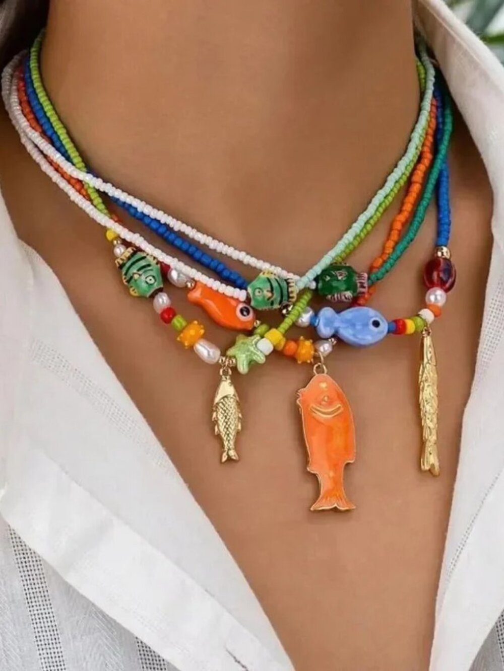 Green Beaded Necklace with Fish Charm R282